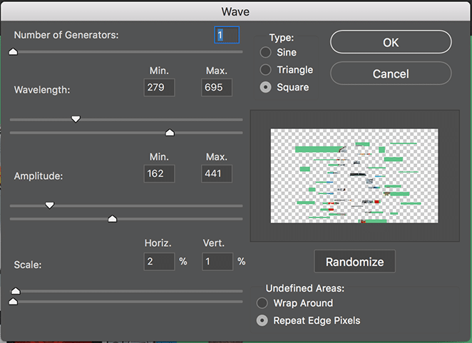 Opciones del menú Wave en PhotoShop