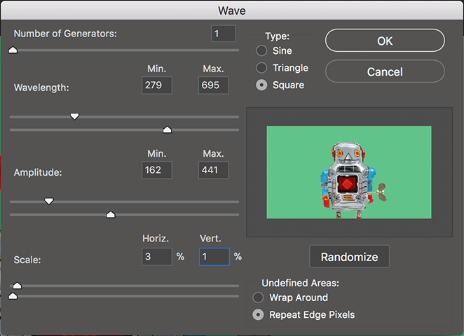 إعدادات قائمة Wave في PhotoShop