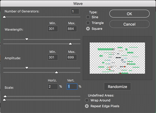 Opțiuni de meniu Wave în PhotoShop