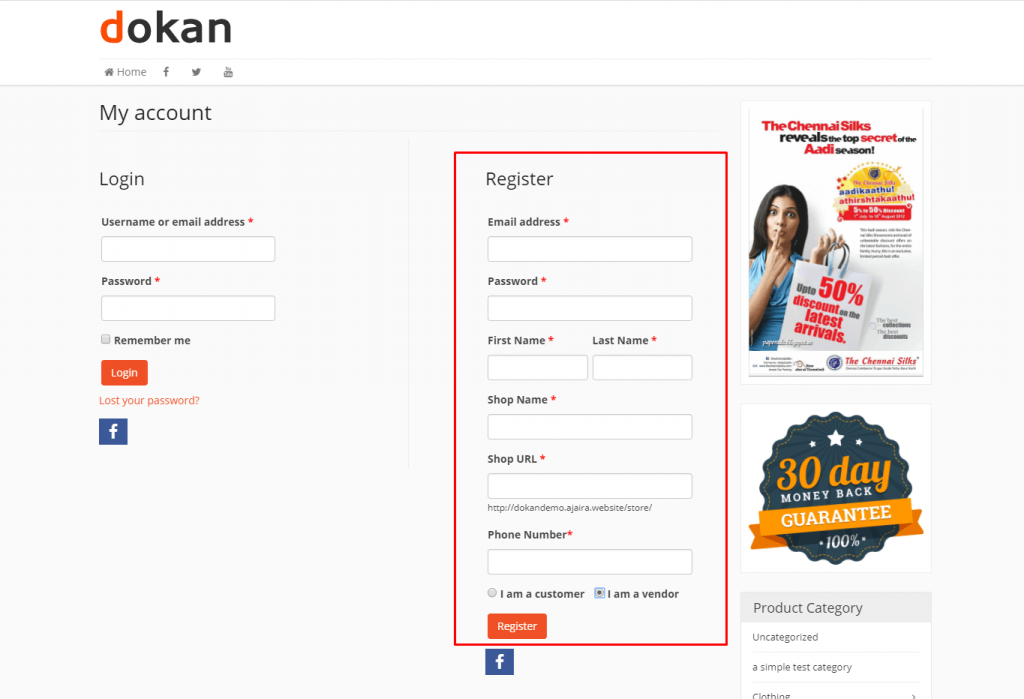 tangkapan layar formulir pendaftaran vendor Dokan