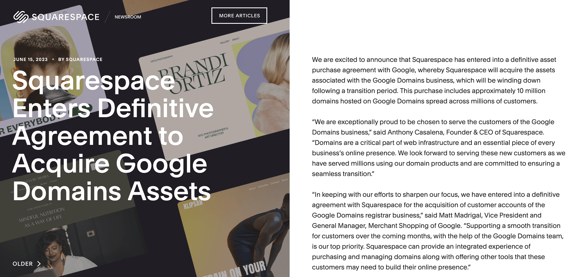 Pengumuman Squarespace tentang mengakuisisi Google Domains.