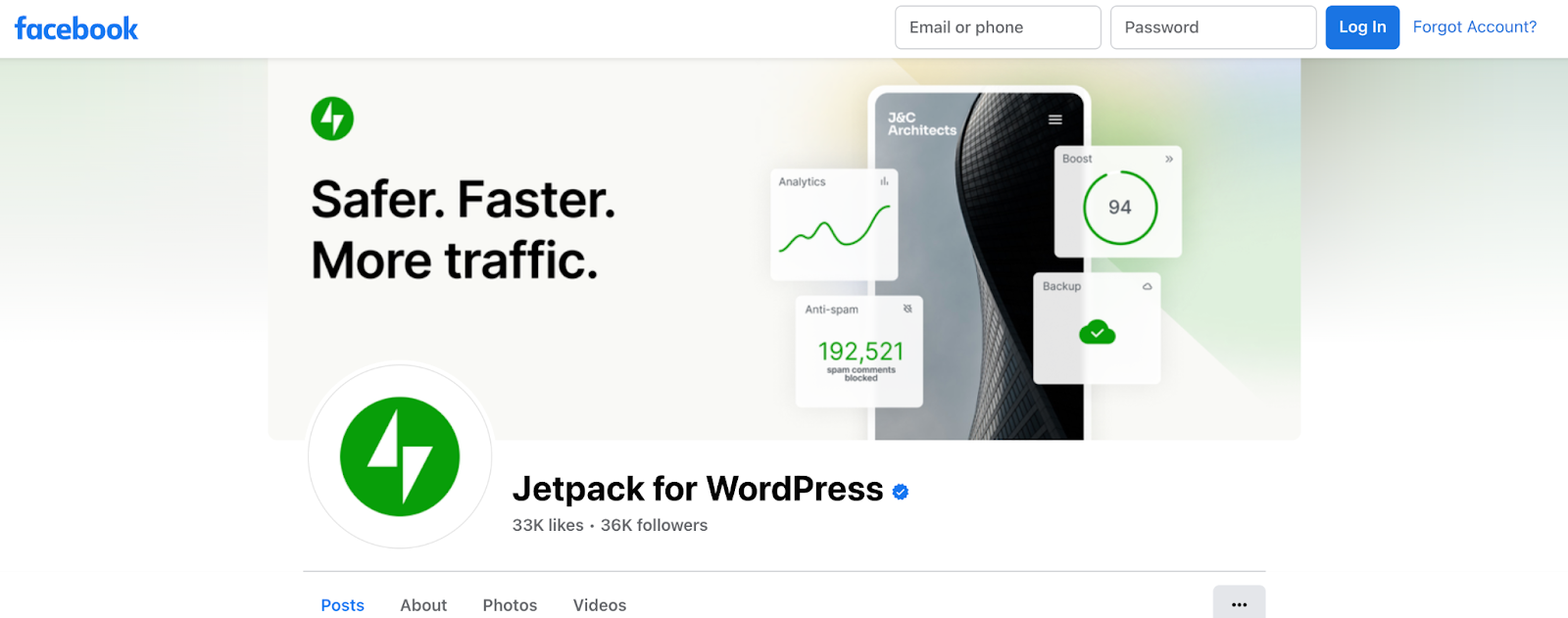 La pagina Facebook di Jetpack