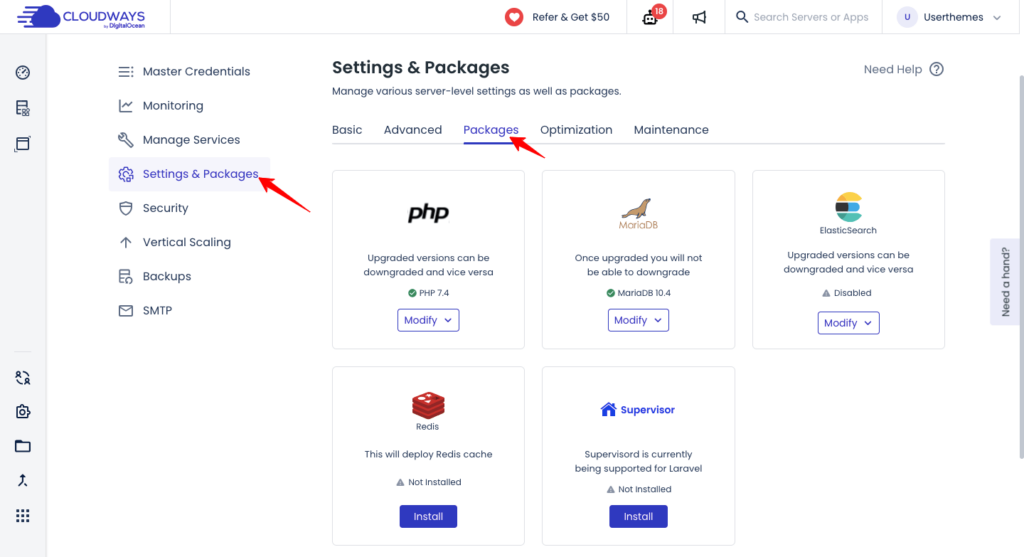 pacotes de configurações cloudways