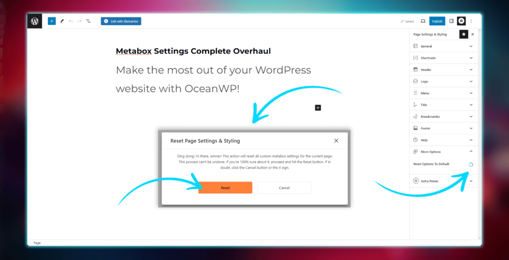 OceanWP Metabox Settings nova opção para redefinir as configurações e o estilo da página