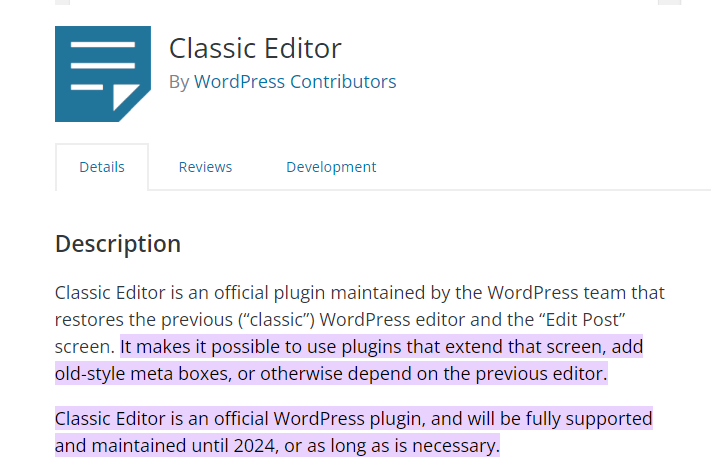 Screenshot der Beschreibung des klassischen Editor-WordPress-Plugins und der Lebensdauergarantie