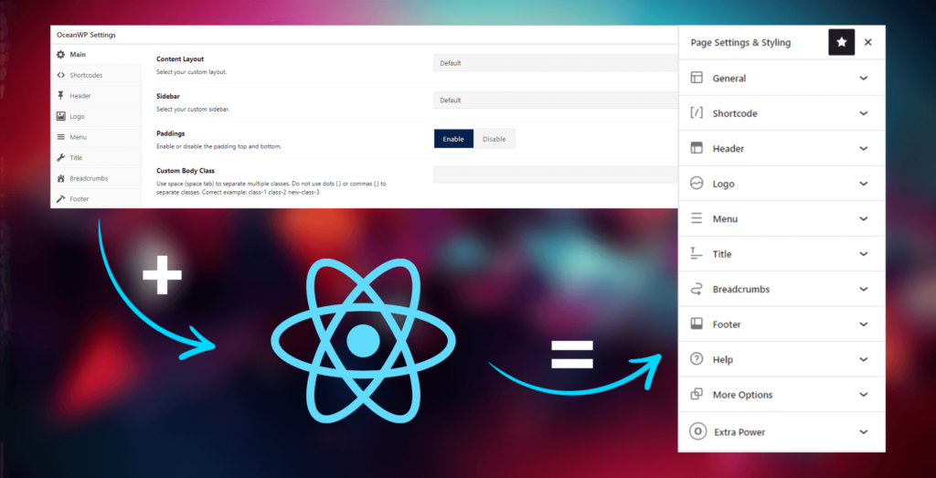 Noile setări OceanWP Metabox se bazează pe JavaScript React