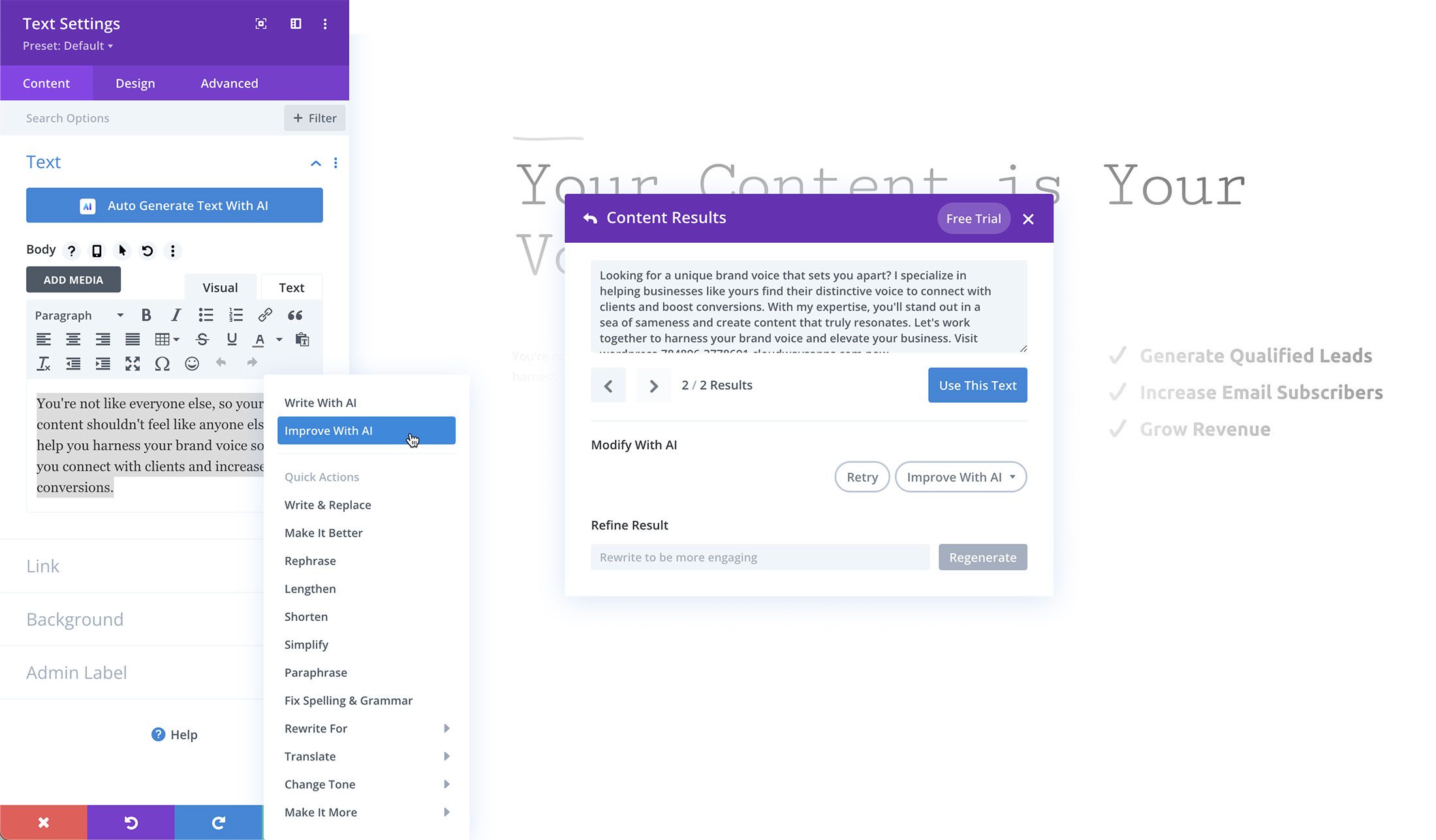 使用 Divi AI 修改和重寫現有文案