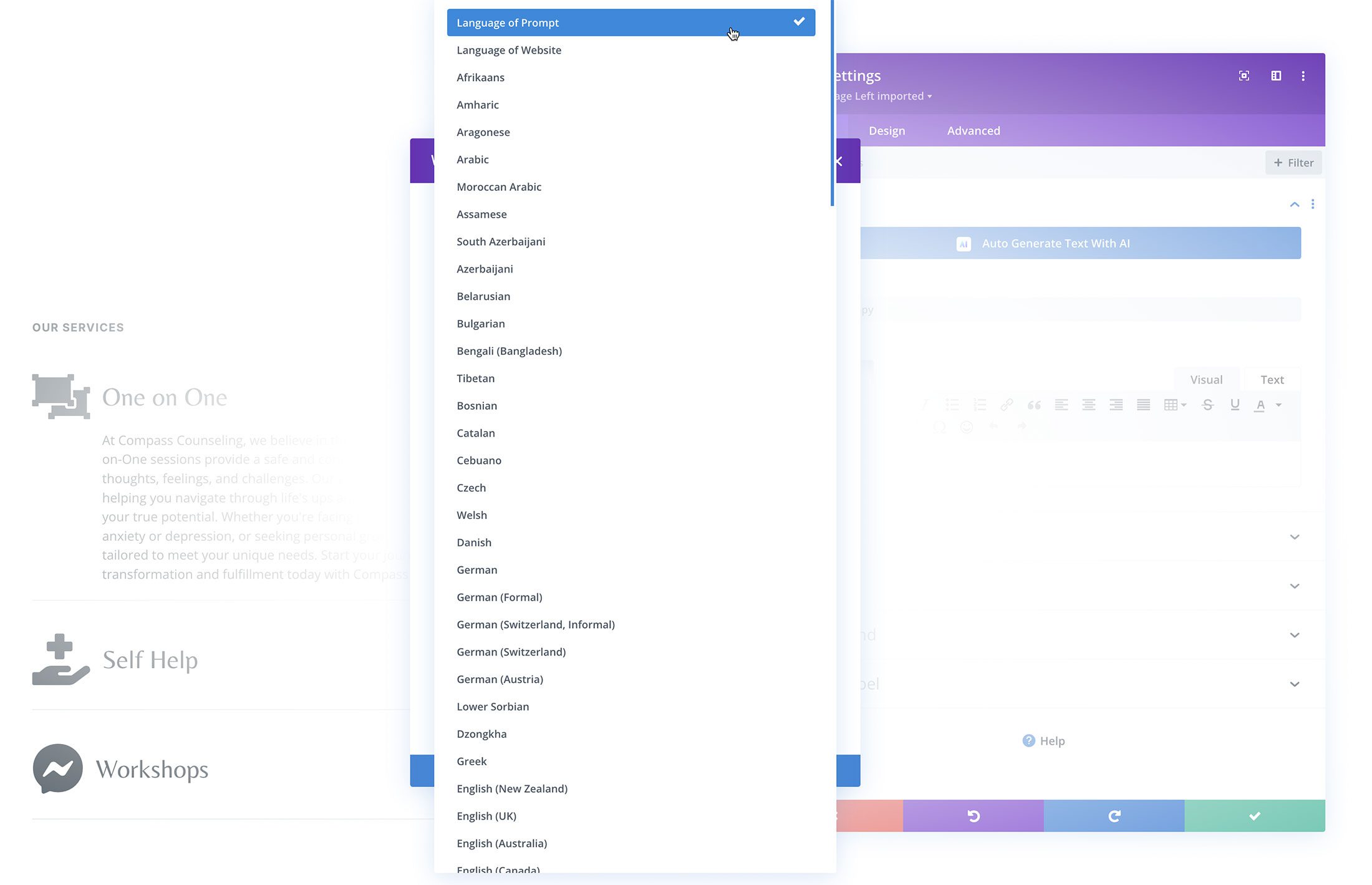 Opções de idioma do Divi AI