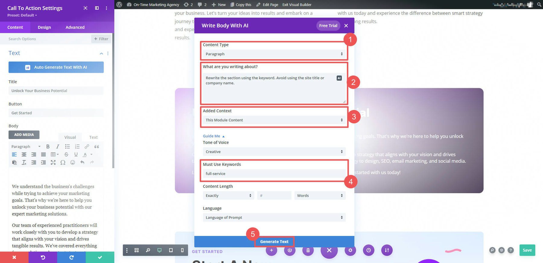 Divi AI per la riscrittura con parole chiave - Passaggi 3-7