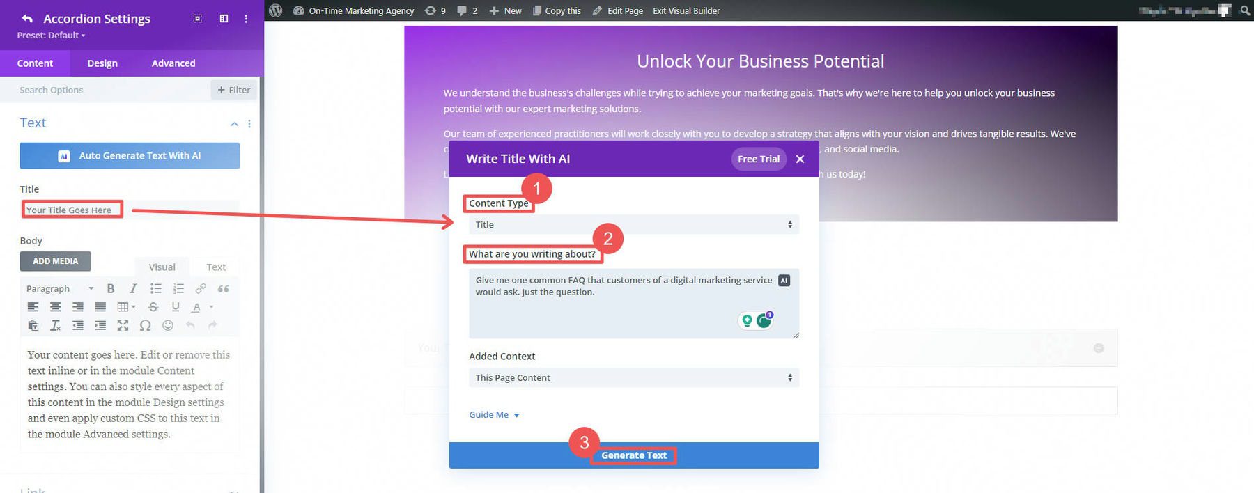 Divi AI untuk Membuat FAQ - Langkah 1-3