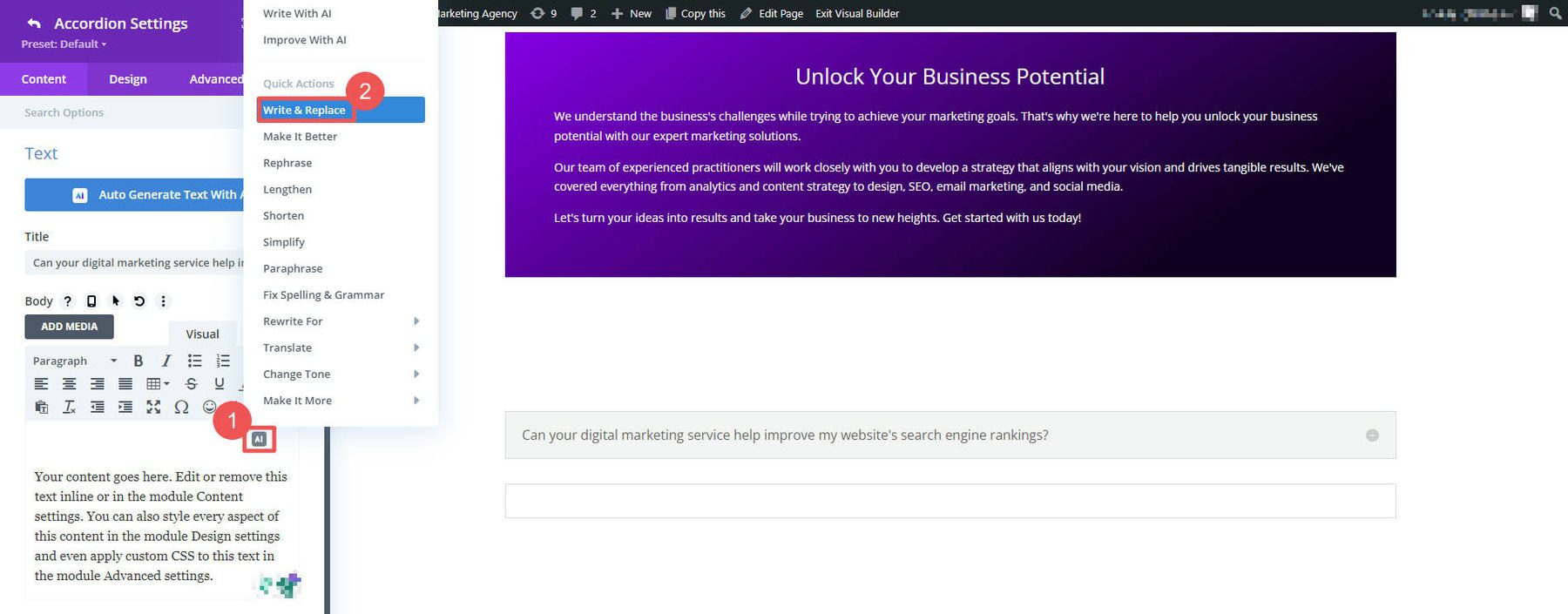 Divi AI untuk Membuat FAQ - Langkah 5-6