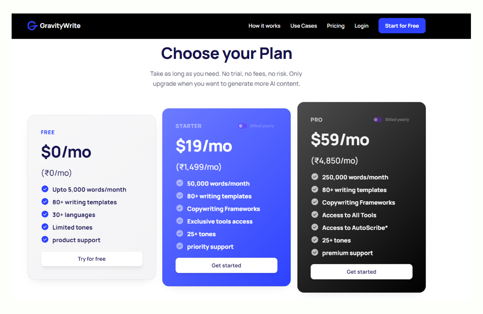 GravityWrite Fiyatlandırma Planı