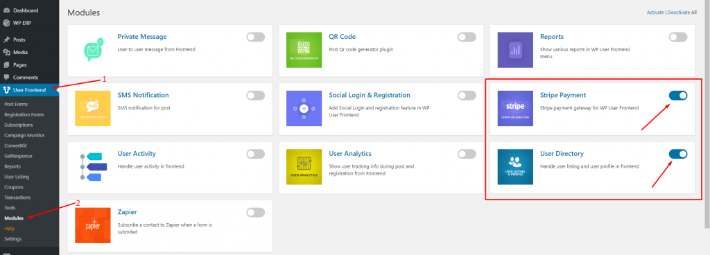 Questo è uno screenshot su come attivare il modulo Stripe Payment e User Directory - come creare un sito per ex studenti