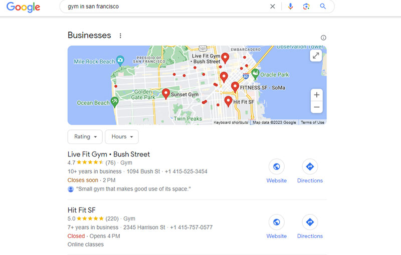 Esempio di una pagina dei risultati di Google per il termine gym san francisco