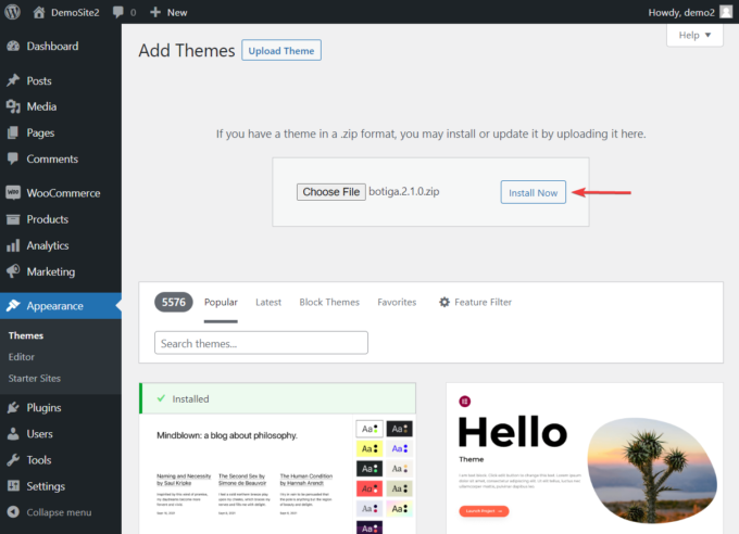 Hochladen des Botiga-Themes in WordPress, Screenshot