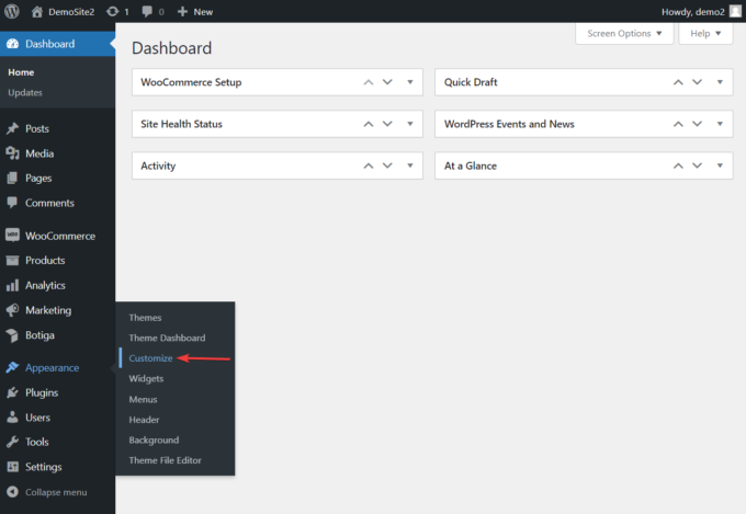 Posizione del menu di personalizzazione nella barra laterale sinistra dell'area di amministrazione di WordPress