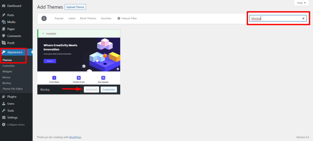Activate Blocksy Theme