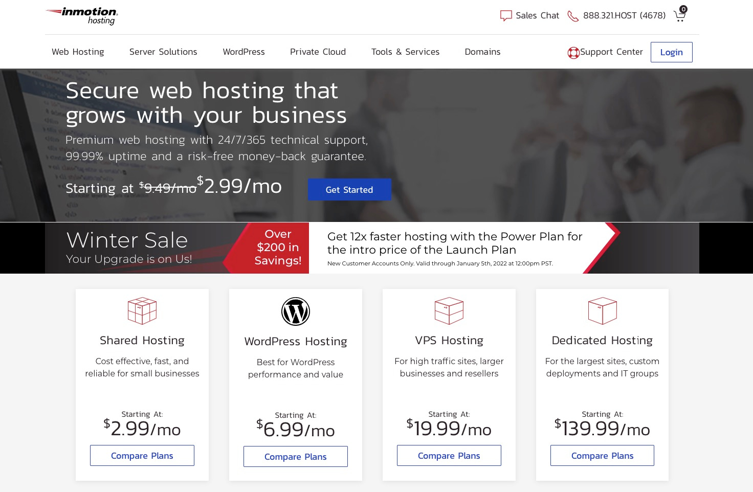 Schermata della home page dell'hosting di Inmotion.