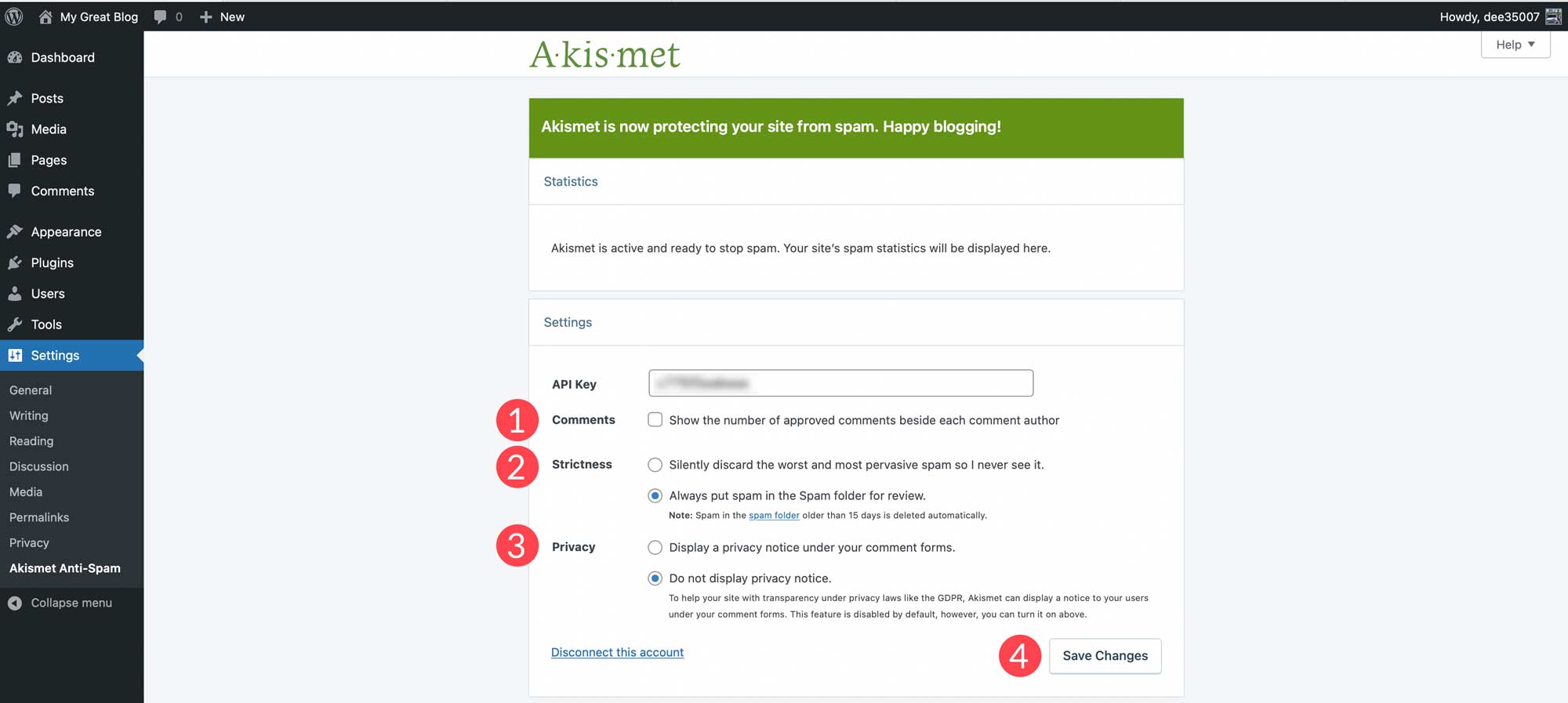 Configuración de comentarios de Akismet