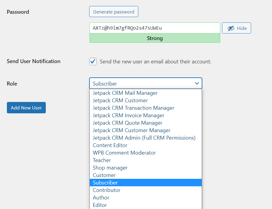 alegând dintr-un meniu drop-down pentru rol de utilizator în WordPress