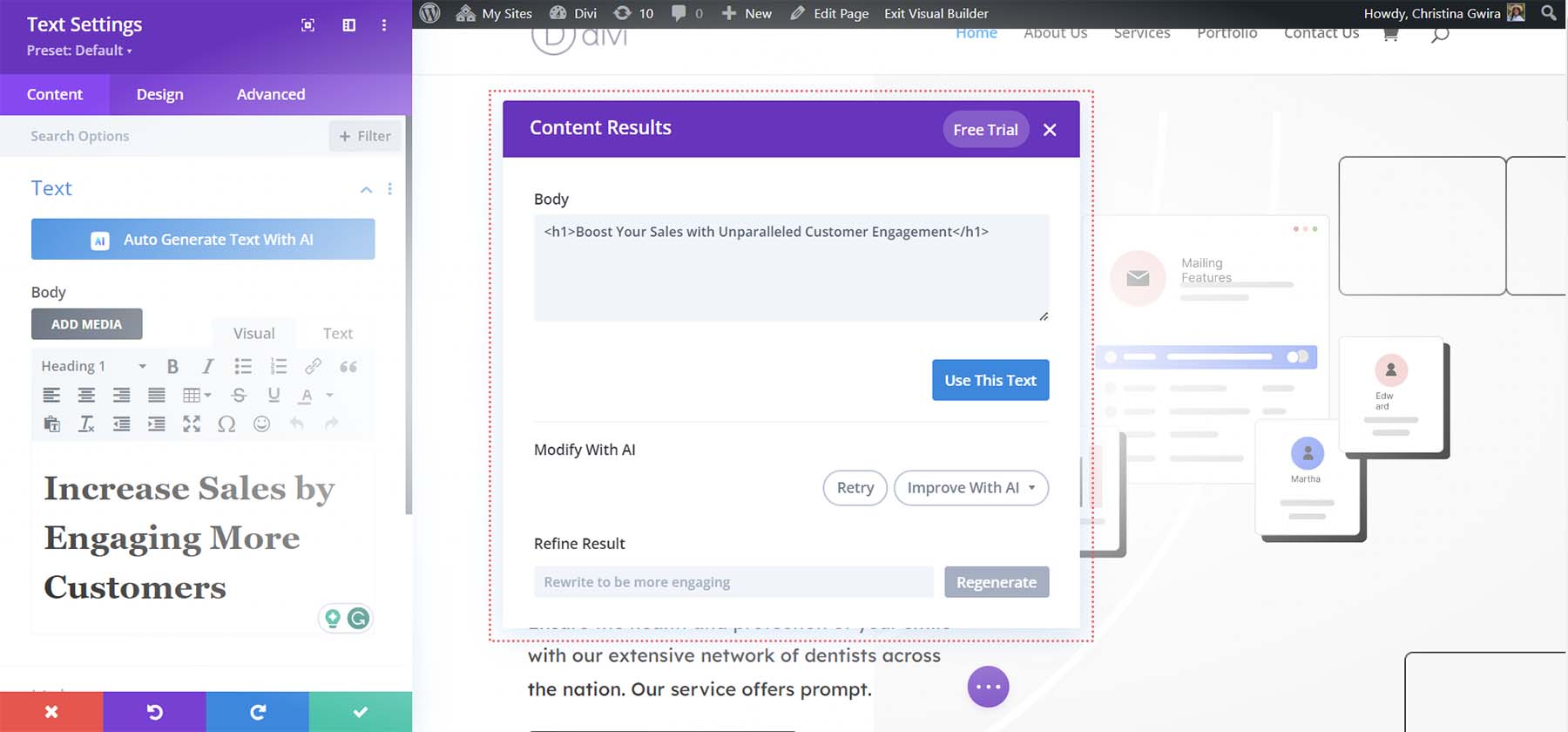 Divi AI を使用してコンテンツを自動生成し、ビジュアル ビルダー内で直接作成できます。