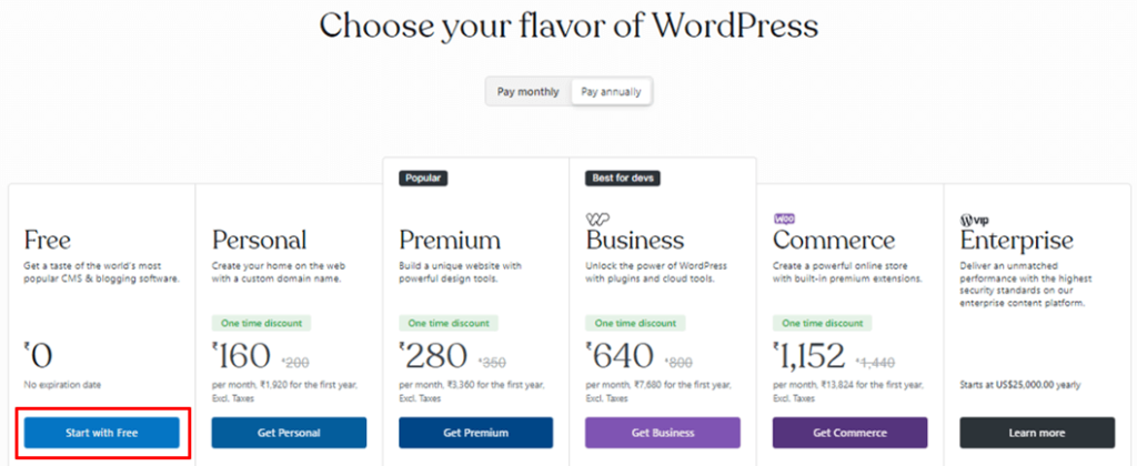 เลือกแผนฟรีสำหรับเว็บไซต์ WordPress Com ของคุณ