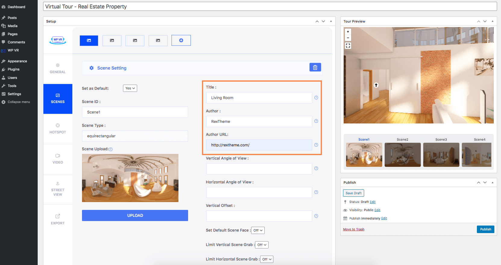 Titlul, numele autorului și adresa URL pentru imagini la 360 de grade