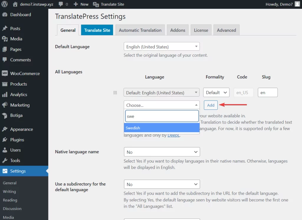 ativando a tradução automática translatepress