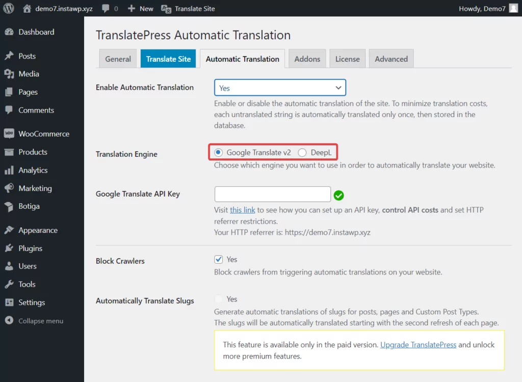 habilitação de mecanismos de tradução translatepress - localização de comércio eletrônico