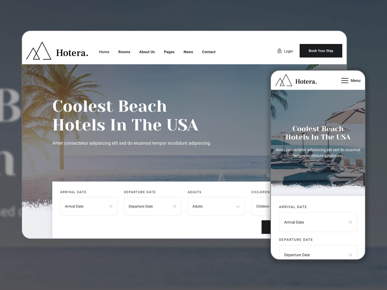 Ilustración de Hotera: tema WP de reserva de hotel con diseño personalizable para mayor flexibilidad en la gama de colores blanco, gris oscuro, gris pizarra oscuro y gris