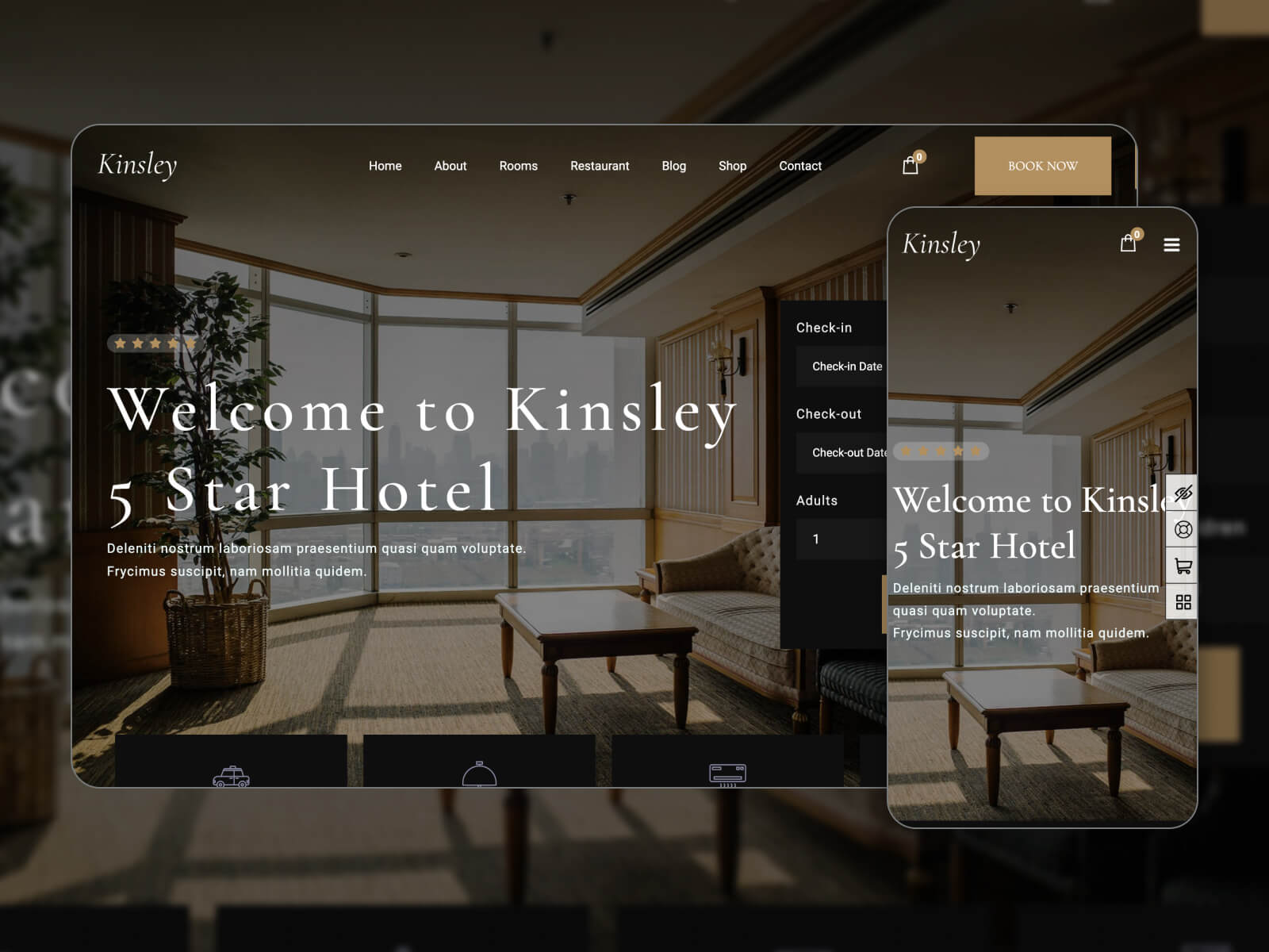 Gambar Kinsley - tema WordPress yang dirancang dengan baik untuk platform reservasi hotel online dalam palet warna darkolivegreen, gainboro, black, dimgray, dan darkslategray