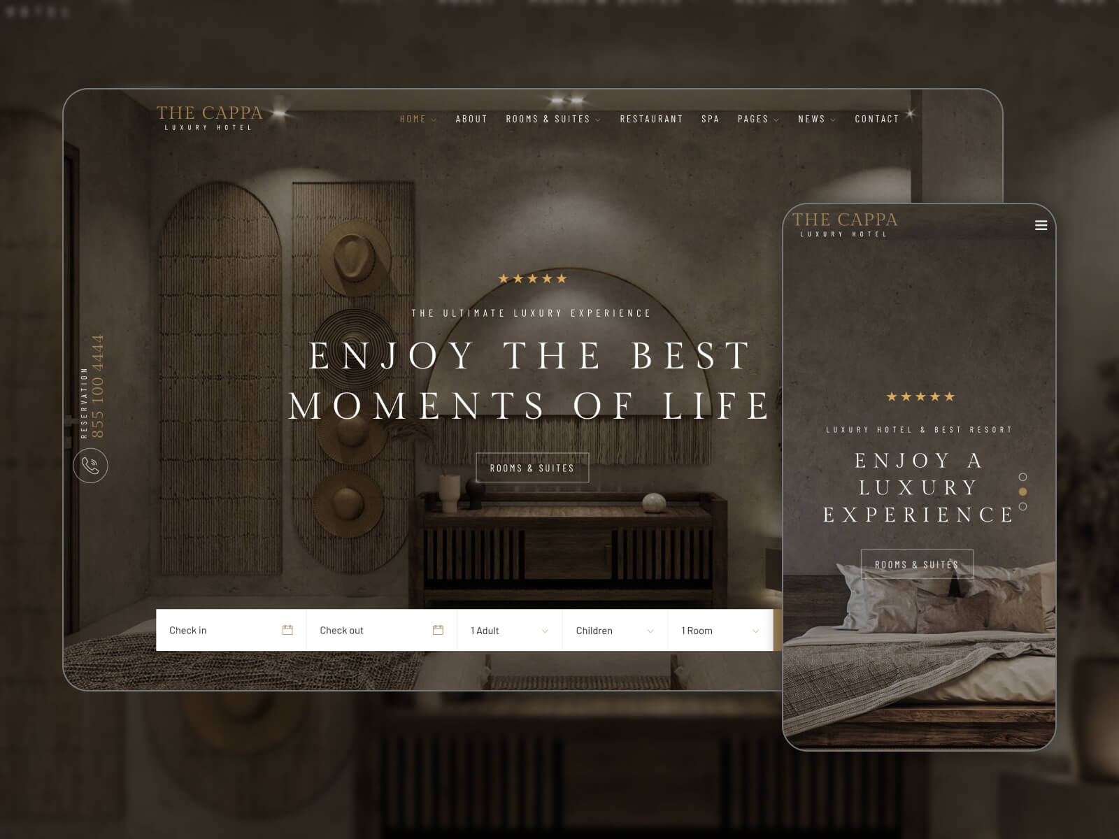 Schnappschuss von THE CAPPA – funktionsreiches WordPress-Theme für Hotelbuchungsunternehmen in den Farbpaletten Dimgray, Snow, Darkslategray und Schwarz