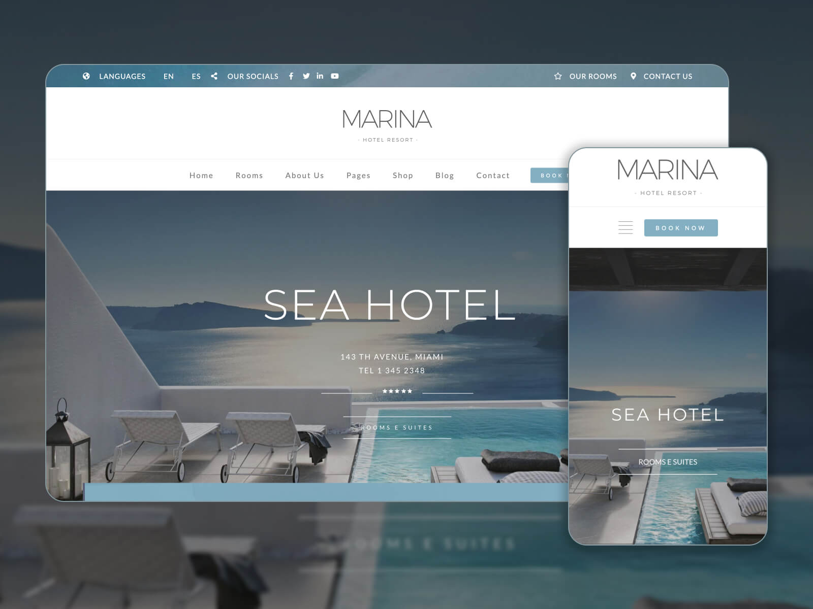 Captura de tela de Marina - modelo WordPress responsivo de reserva e reserva de hotel em cores branco, cinza escuro, cinza escuro e cinza escuro