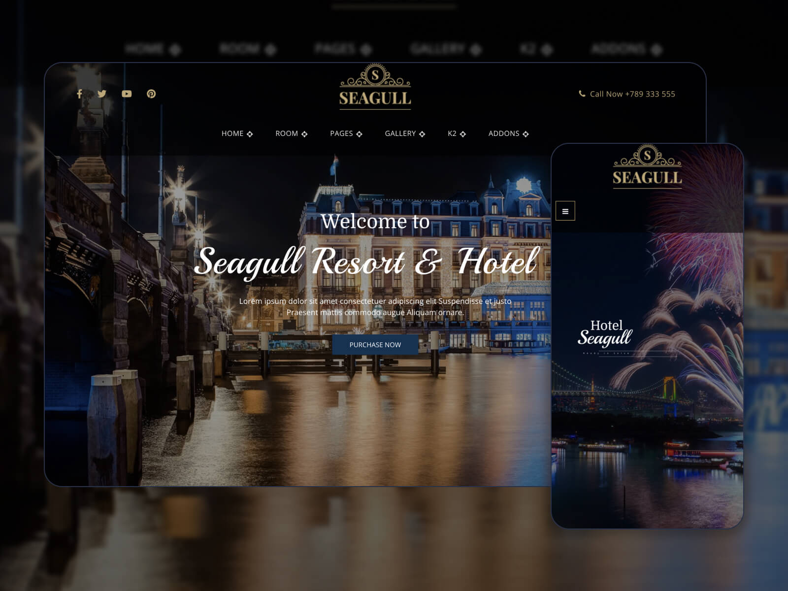 Screenshot von Seagull – beste responsive Design-Hotelbuchungswebsite-Vorlage für WordPress in den Farbtönen Dimgray, Darkslategray, Leinen und Schwarz