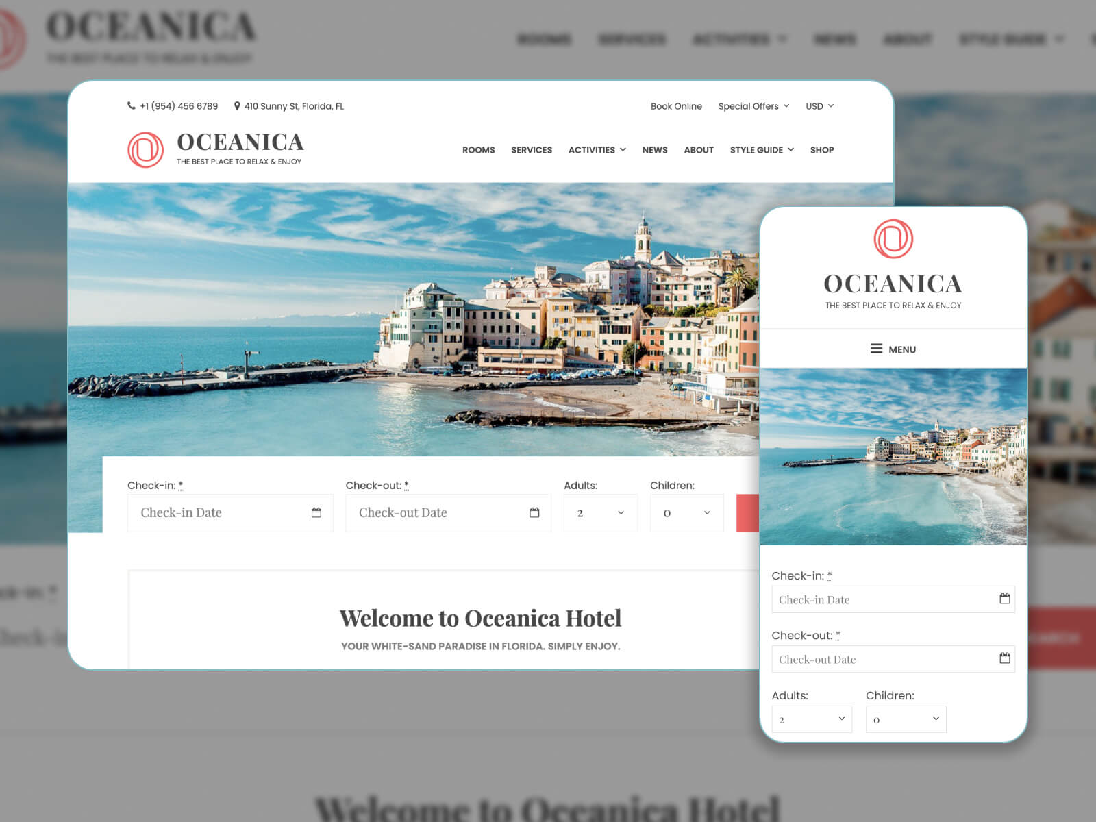 Illustration d'Oceicaica - thème WP de réservation d'hôtel élégant et innovant pour une présence captivante dans une palette de couleurs gris clair, blanc, argent, aigue-marine moyen et gris foncé