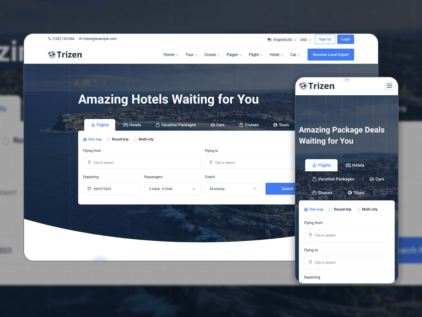 Colagem de Trizen - modelo de site de reserva de hotel personalizável em esquema de cores branco, cinza escuro, cinza escuro e preto