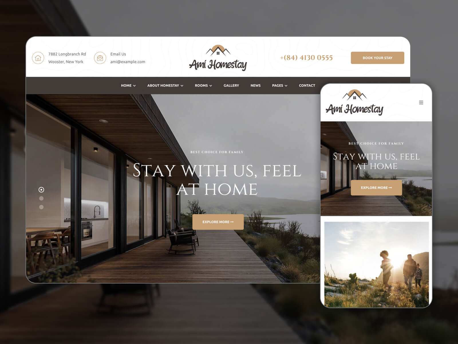 Imagen de Ami Homestay: elegante tema WP de reserva de hotel para sistemas de reserva en línea en una combinación de colores gris oscuro, negro, nieve, gris oscuro y gris pizarra oscuro