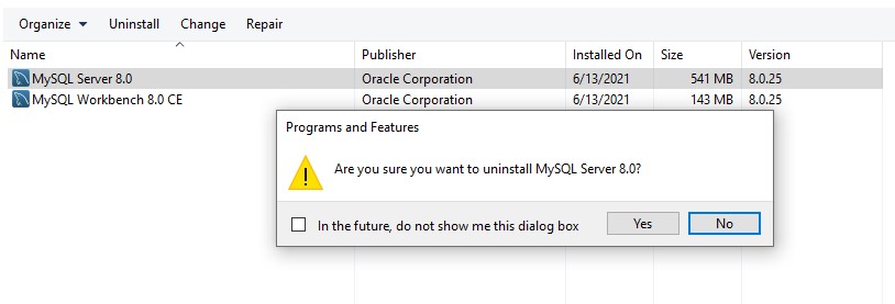 Execute a desinstalação do MySQL no Windows