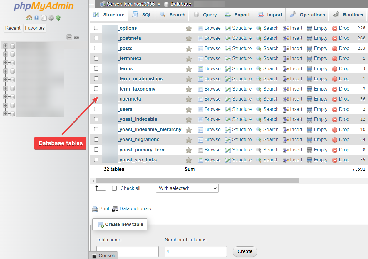 WordPress-Datenbank in phpMyAdmin.