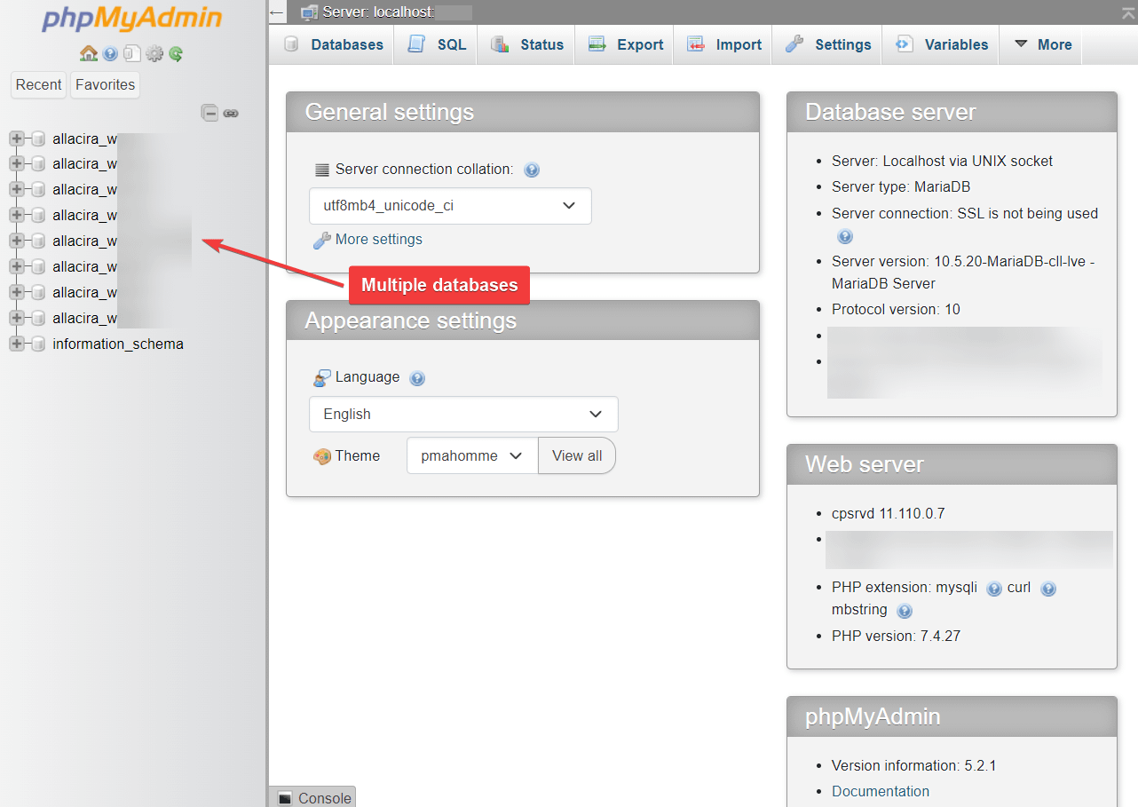 Vários bancos de dados no phpMyAdmin.