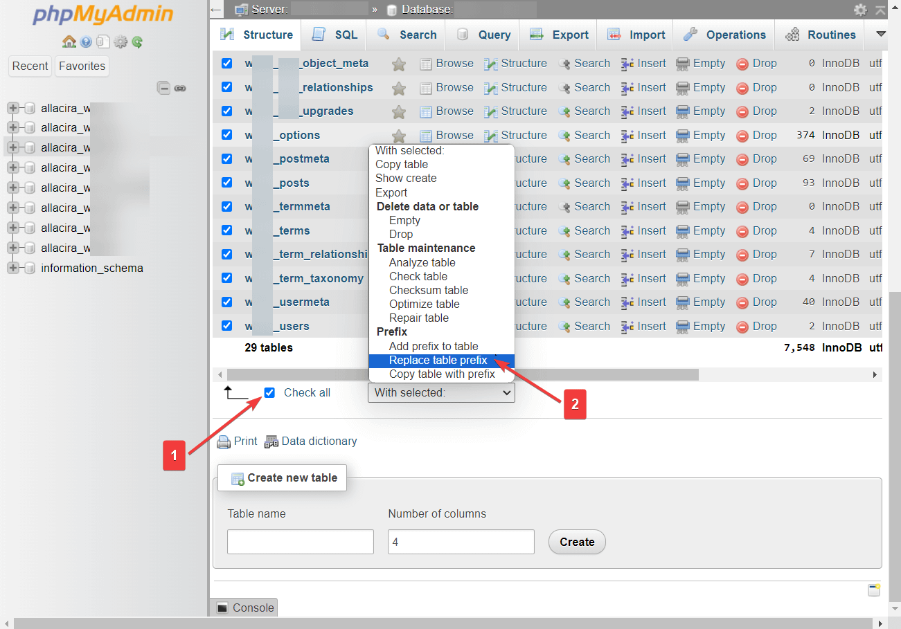 WordPress veritabanı önekini değiştirmeye yardımcı olmak için phpMyAdmin'deki veritabanı tablosunu değiştirin.