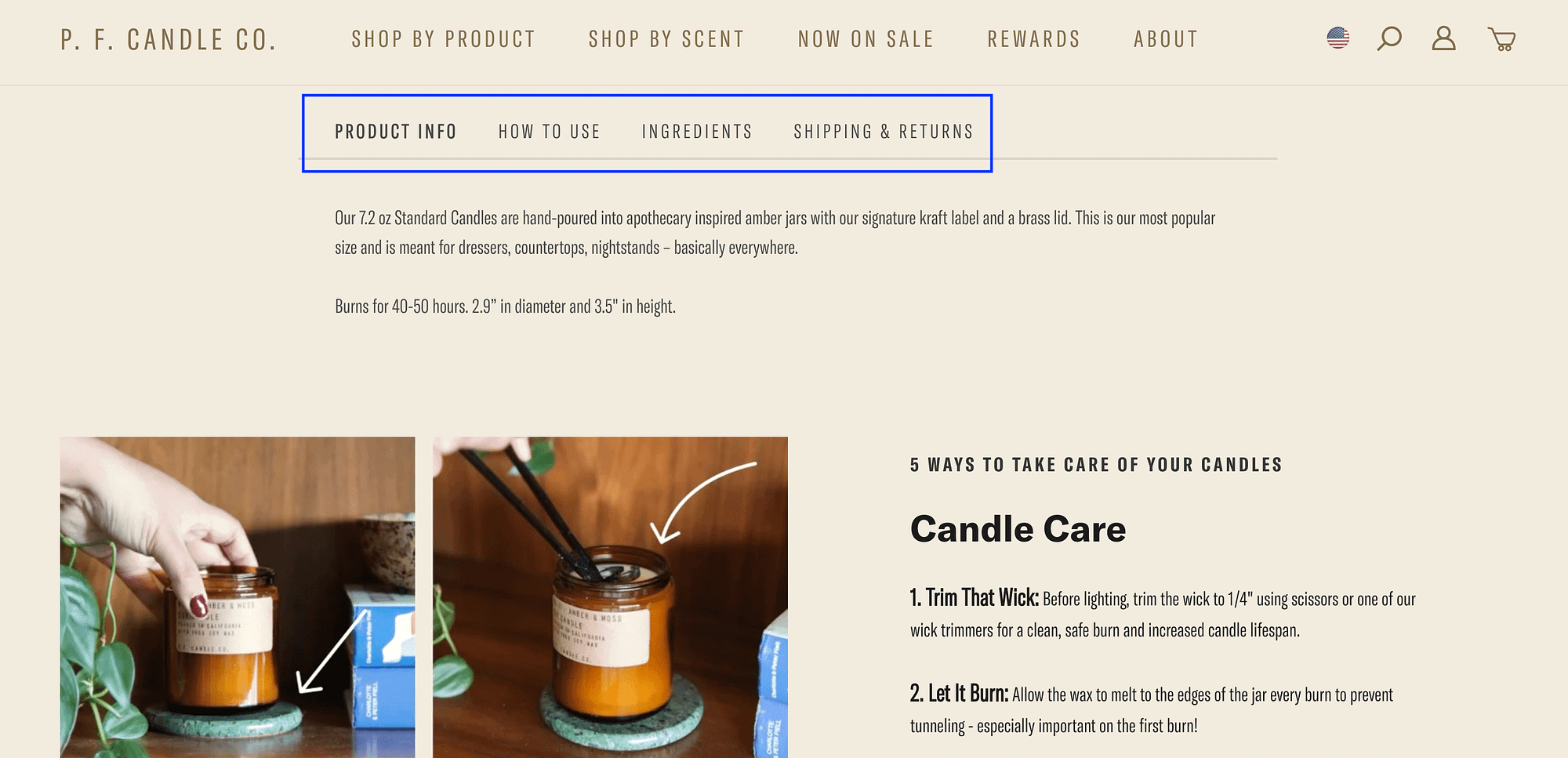 Un ejemplo de la estructura de una plantilla de descripción de producto en el P.F. Sitio web de Candle Co.