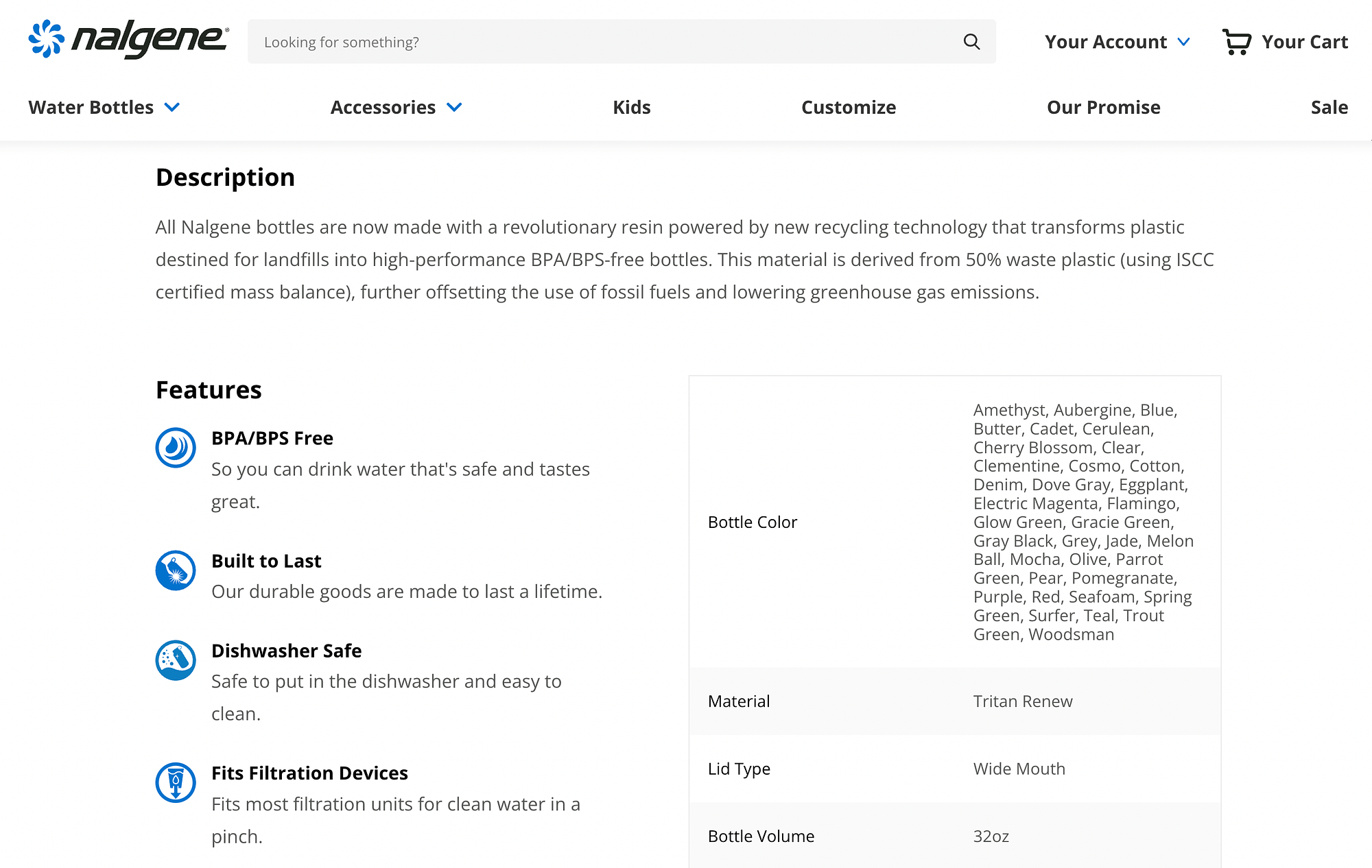 Nalgene 水瓶網站上的產品描述示例。
