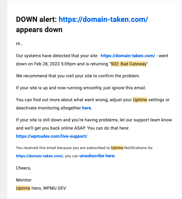 Peringatan email uptime - situs web down - kesalahan 502