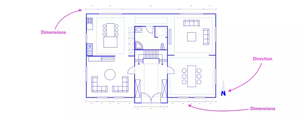 Añade dimensiones y direcciones de la casa.