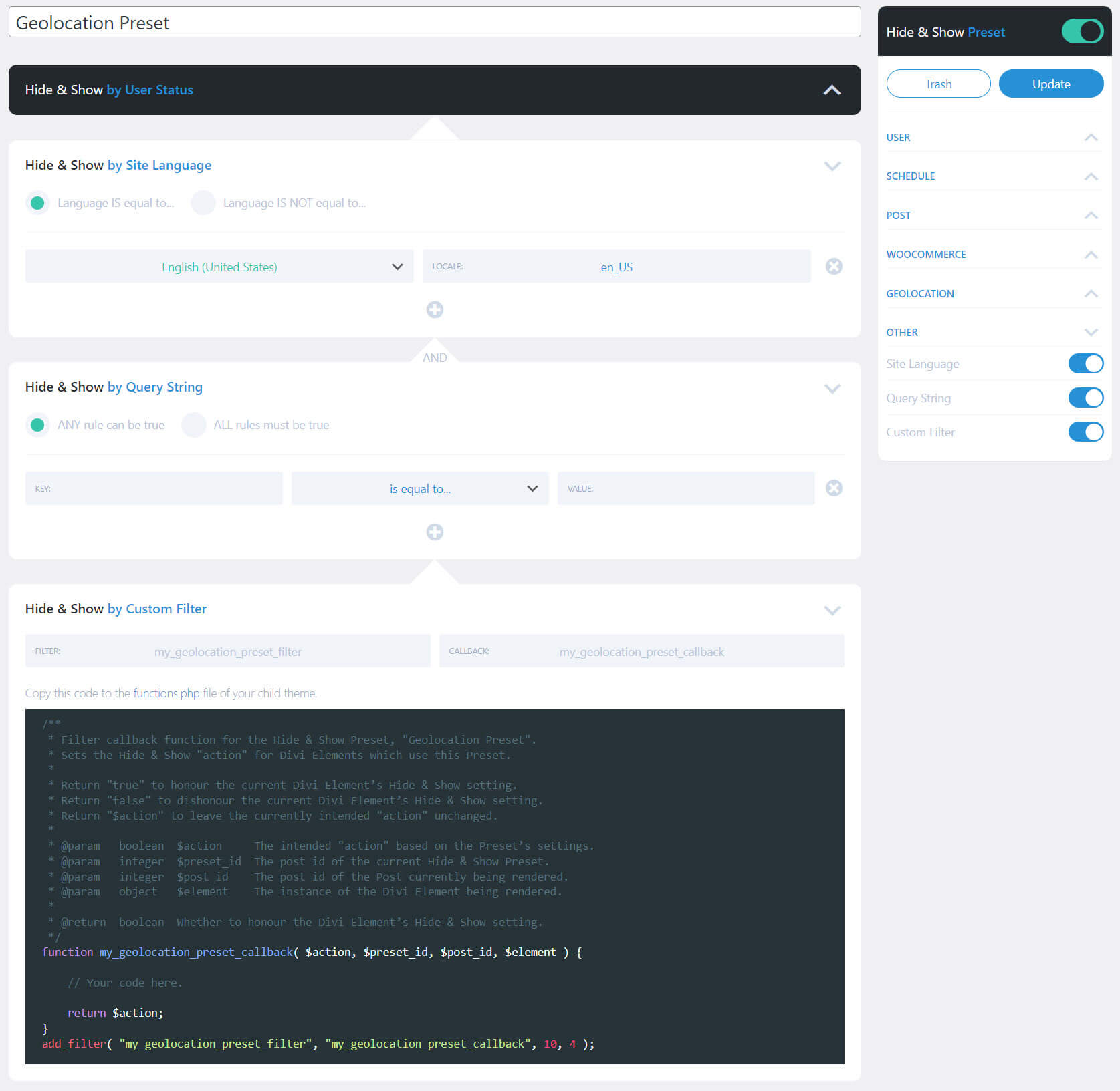 Ocultar y mostrar WooCommerce