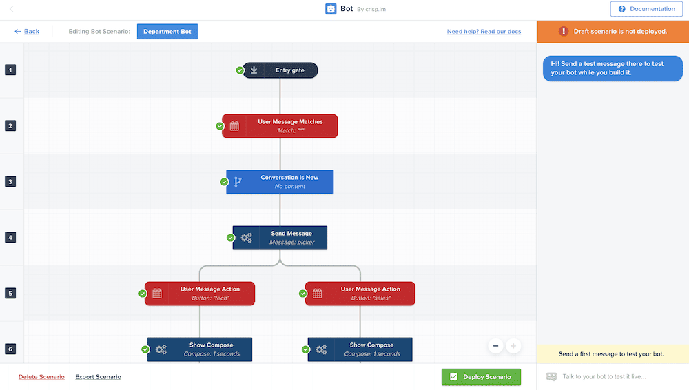 Le constructeur visuel de chatbot dans Crisp.