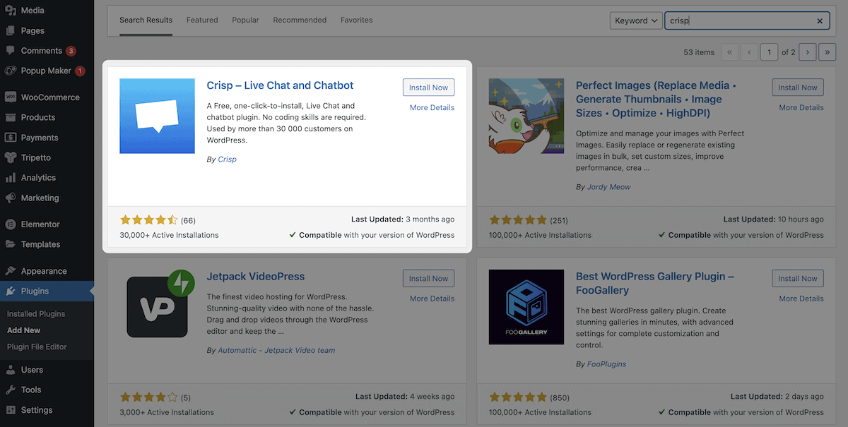 WordPress 中的“添加新插件”屏幕显示 Crisp 配套插件。