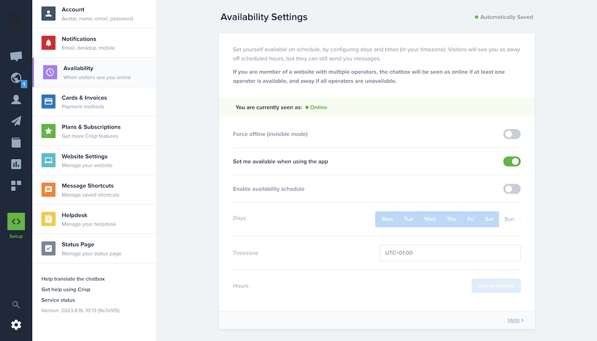 La configuración de disponibilidad dentro de Crisp.