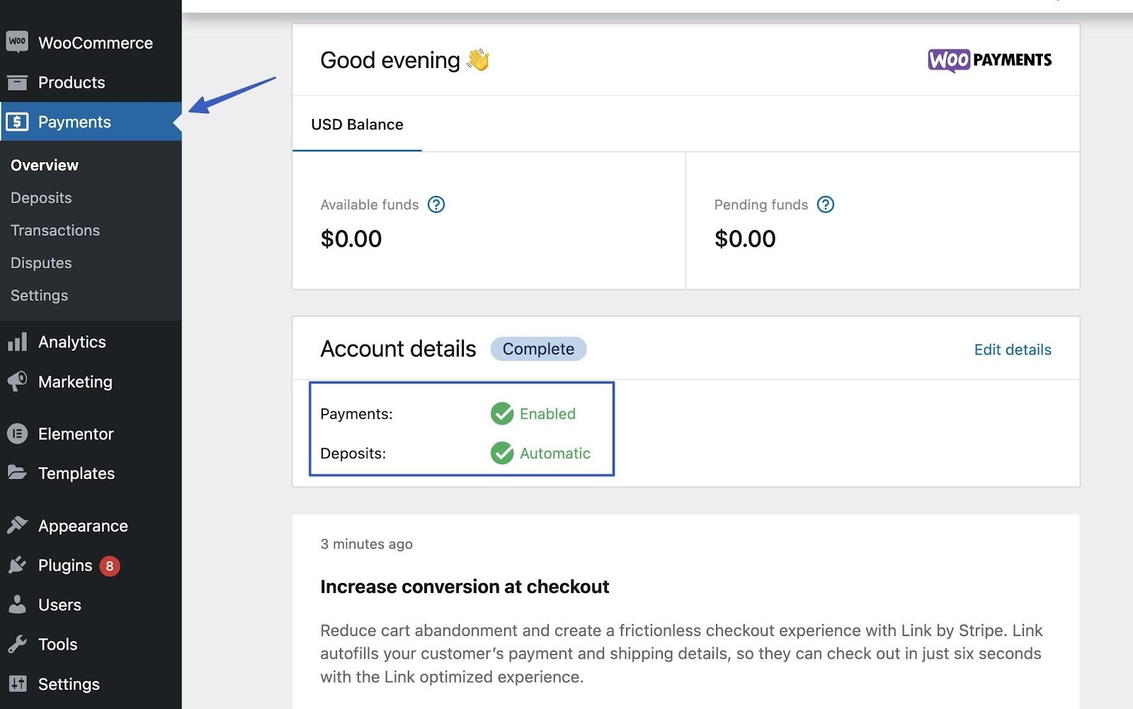 [支払い] タブで WooCommerce 支払いを設定する方法。